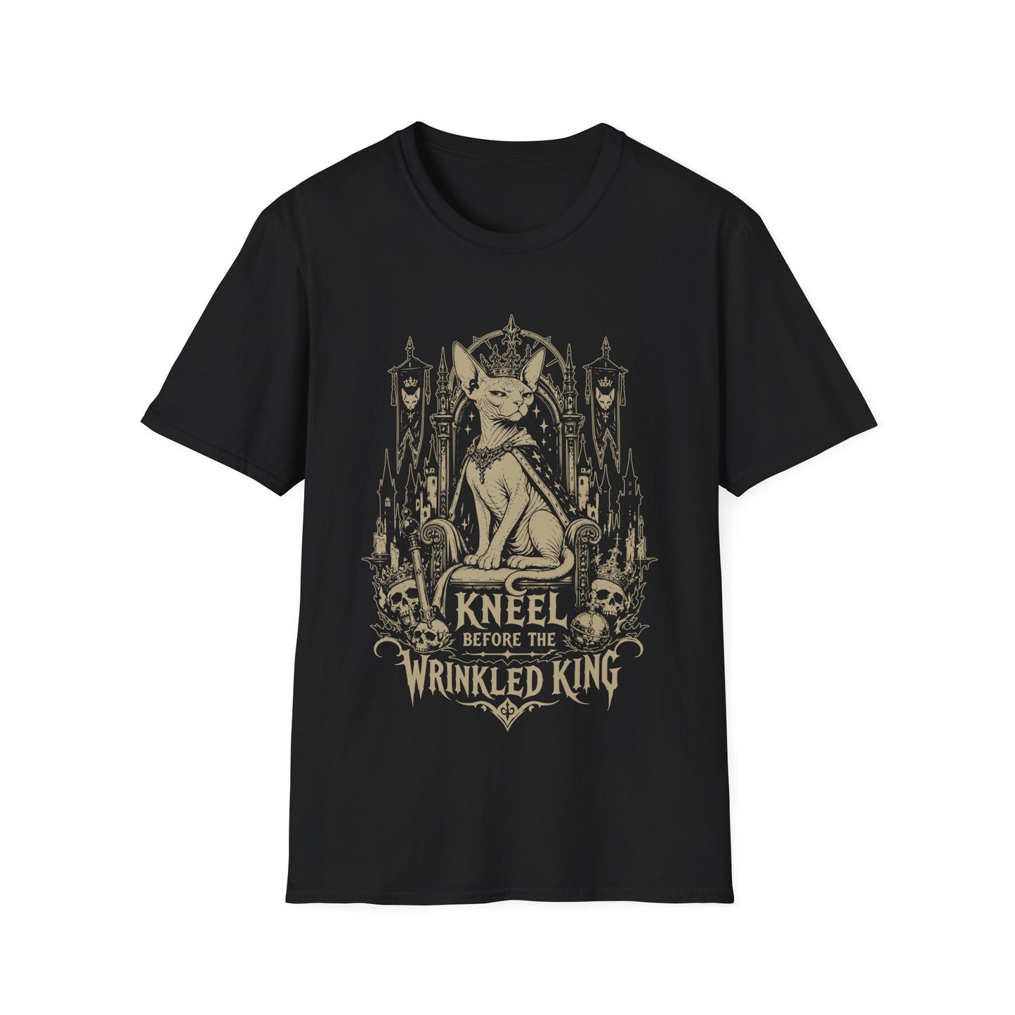 Kneel Before the Wrinkled King Funny Sphynx Royal Cat T-Shirt