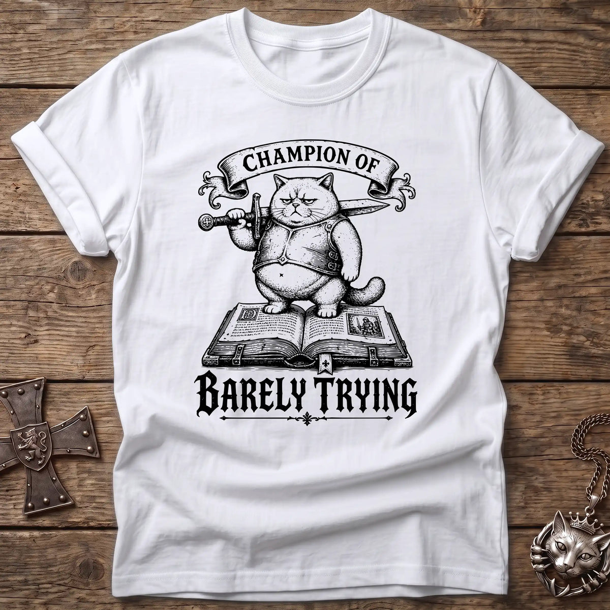 Barely Trying Cat Knight T-Shirt