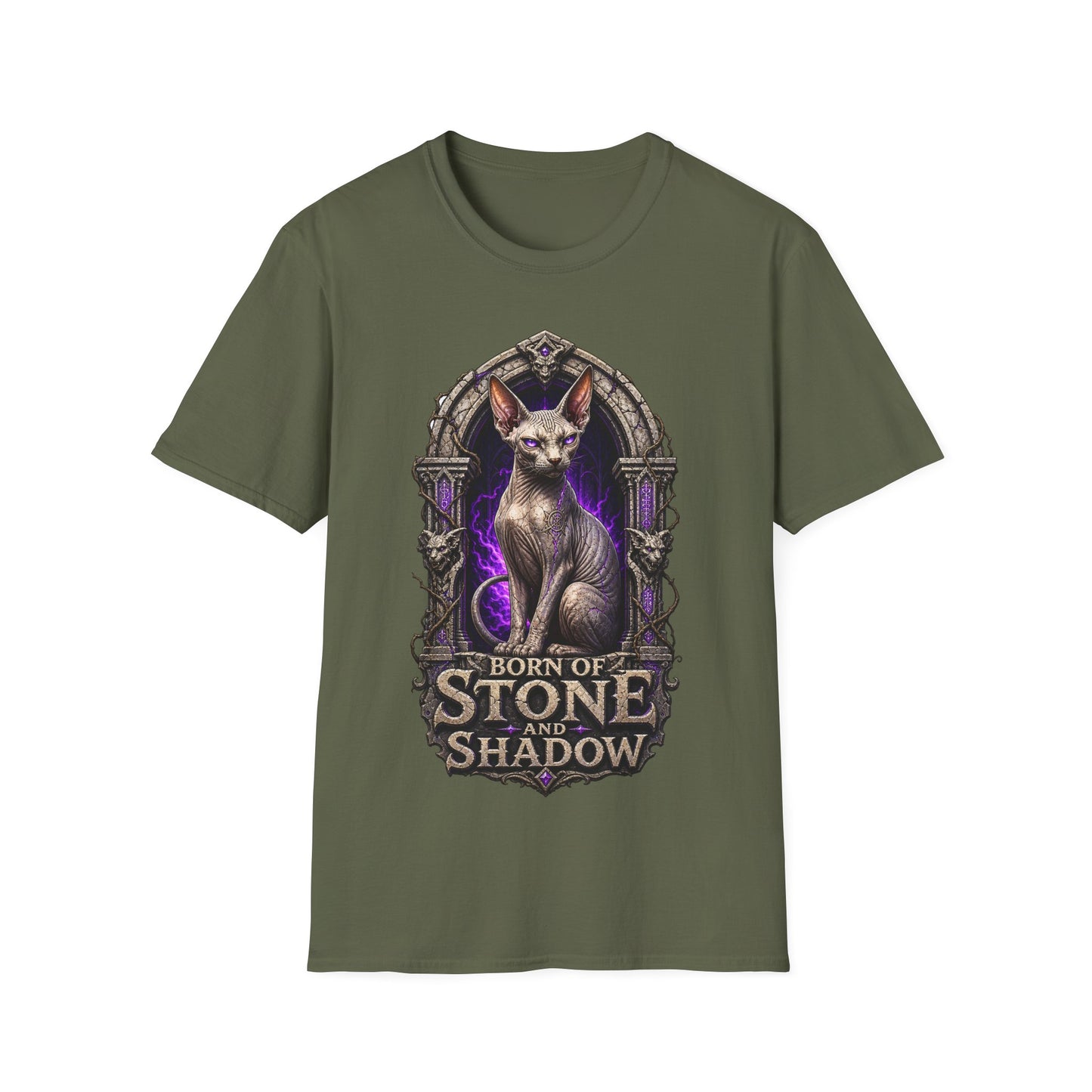 Born of Stone and Shadow Dark Fantasy Sphynx Cat T-Shirt
