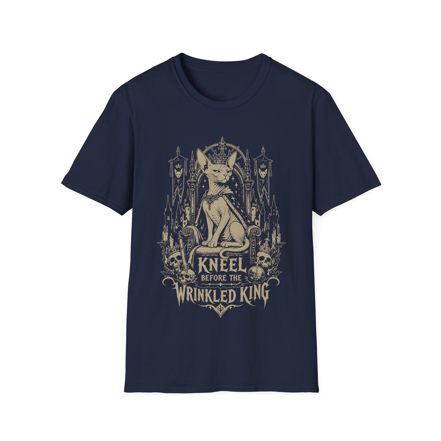 Kneel Before the Wrinkled King Funny Sphynx Royal Cat T-Shirt