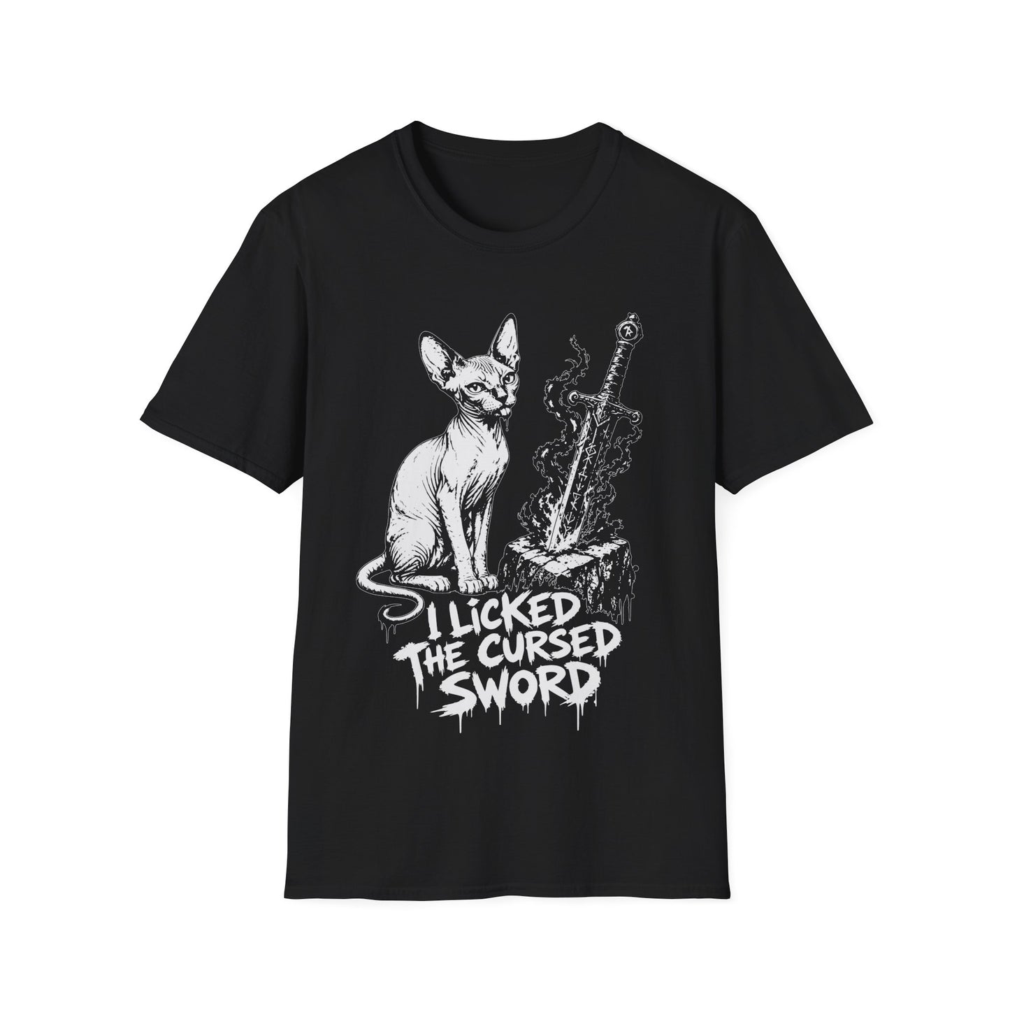 I Licked the Cursed Sword Funny Sphynx Dark Fantasy Cat T-Shirt