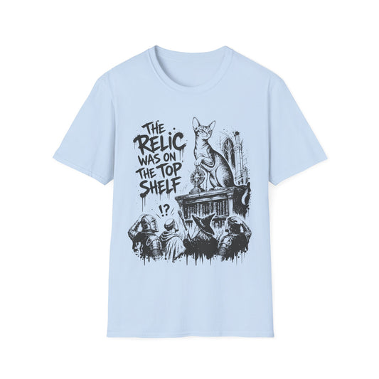 The Relic Was on the Top Shelf Funny Fantasy Cat T-Shirt