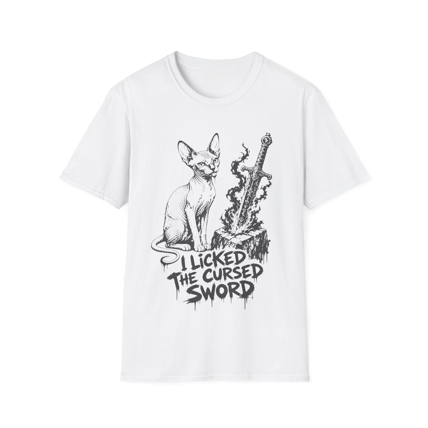 I Licked the Cursed Sword Funny Sphynx Dark Fantasy Cat T-Shirt