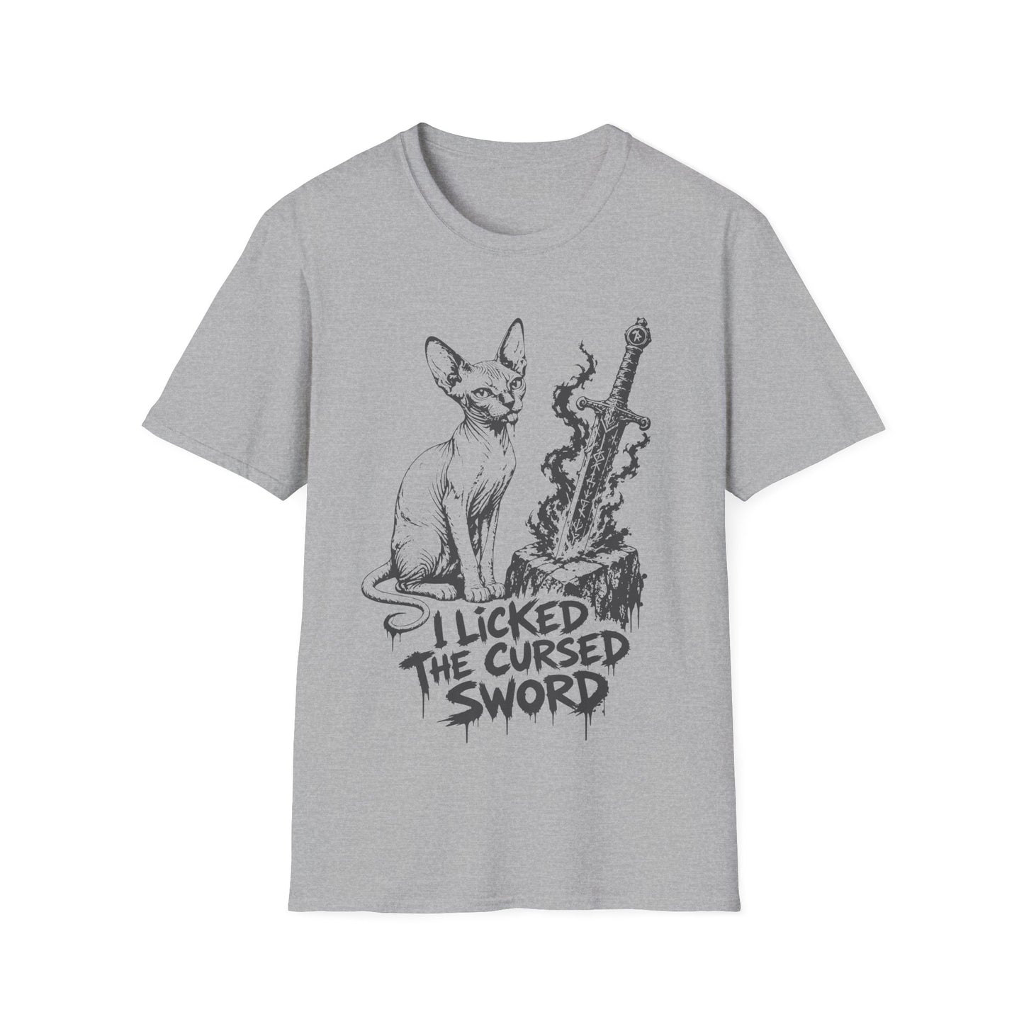I Licked the Cursed Sword Funny Sphynx Dark Fantasy Cat T-Shirt