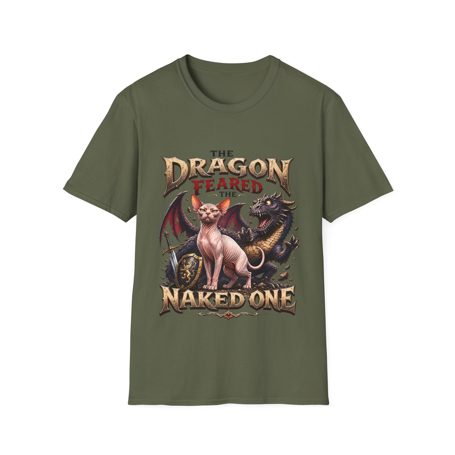 The Dragon Feared the Naked One Funny Sphynx Dragon Slayer Cat T-Shirt