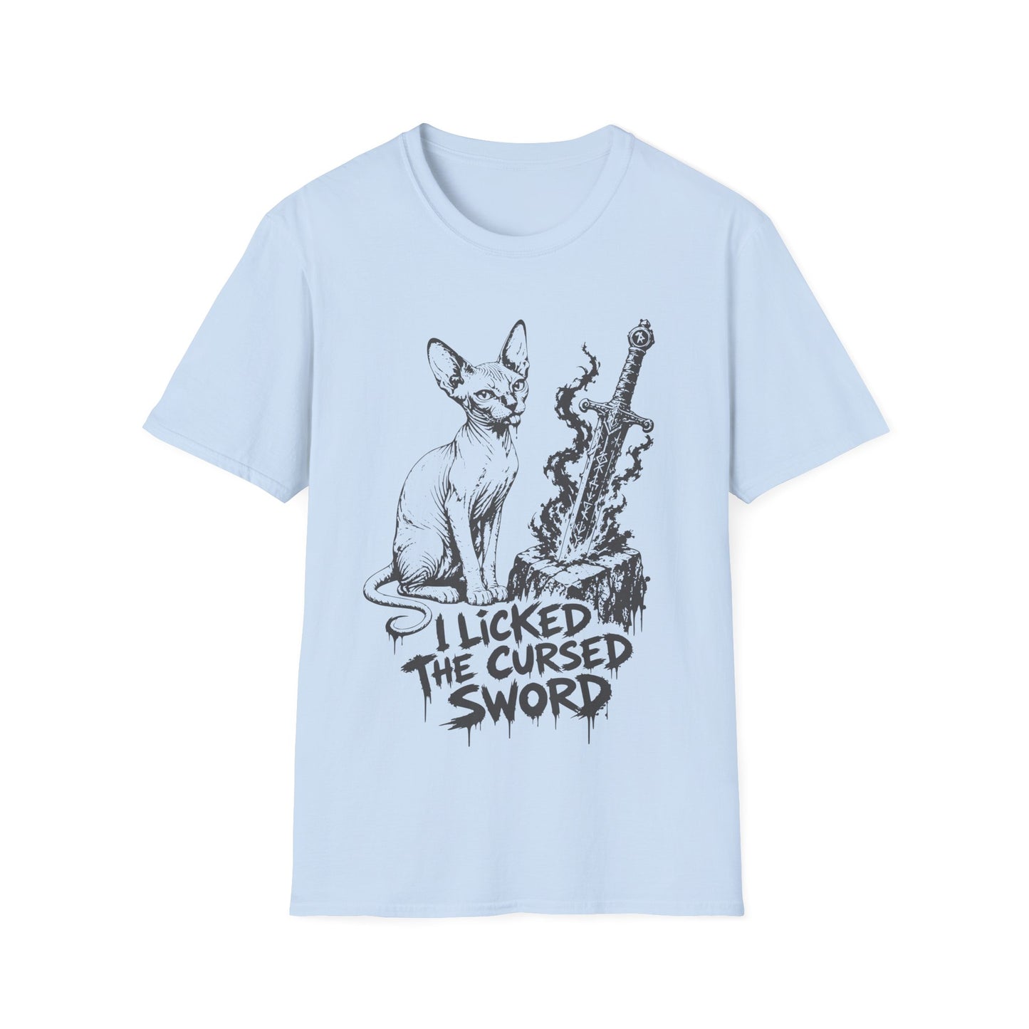 I Licked the Cursed Sword Funny Sphynx Dark Fantasy Cat T-Shirt