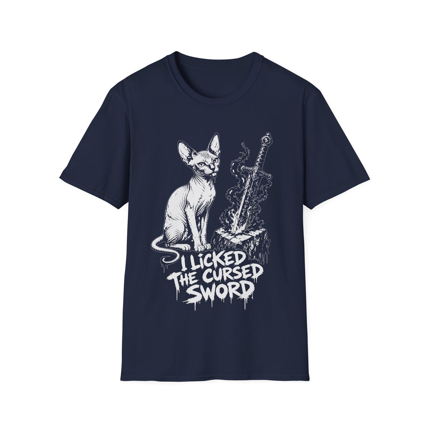 I Licked the Cursed Sword Funny Sphynx Dark Fantasy Cat T-Shirt