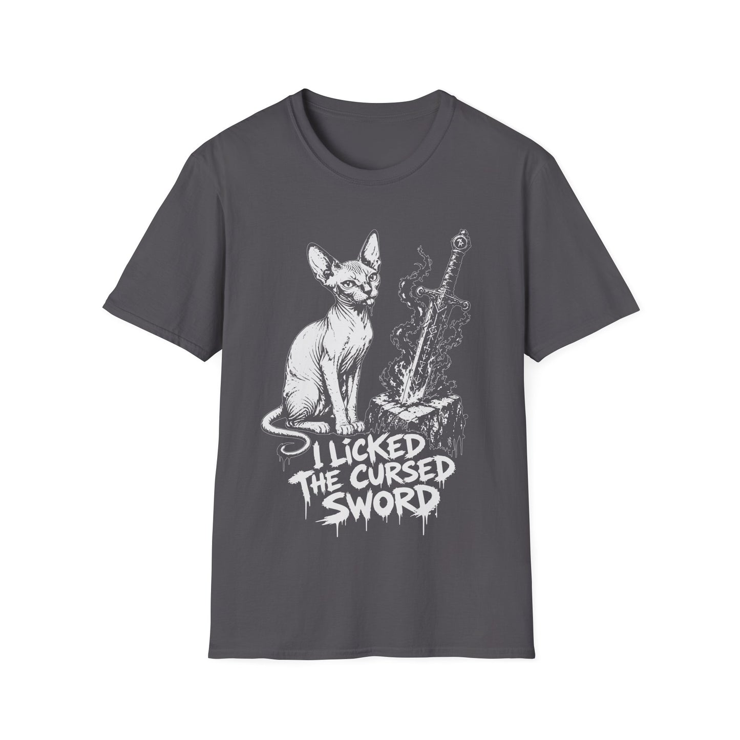 I Licked the Cursed Sword Funny Sphynx Dark Fantasy Cat T-Shirt