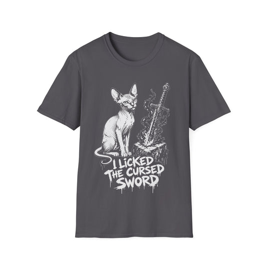 I Licked the Cursed Sword Funny Sphynx Dark Fantasy Cat T-Shirt