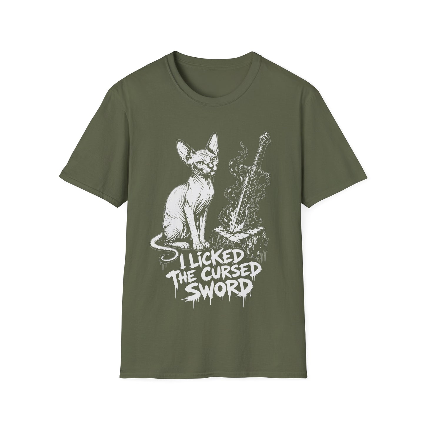 I Licked the Cursed Sword Funny Sphynx Dark Fantasy Cat T-Shirt
